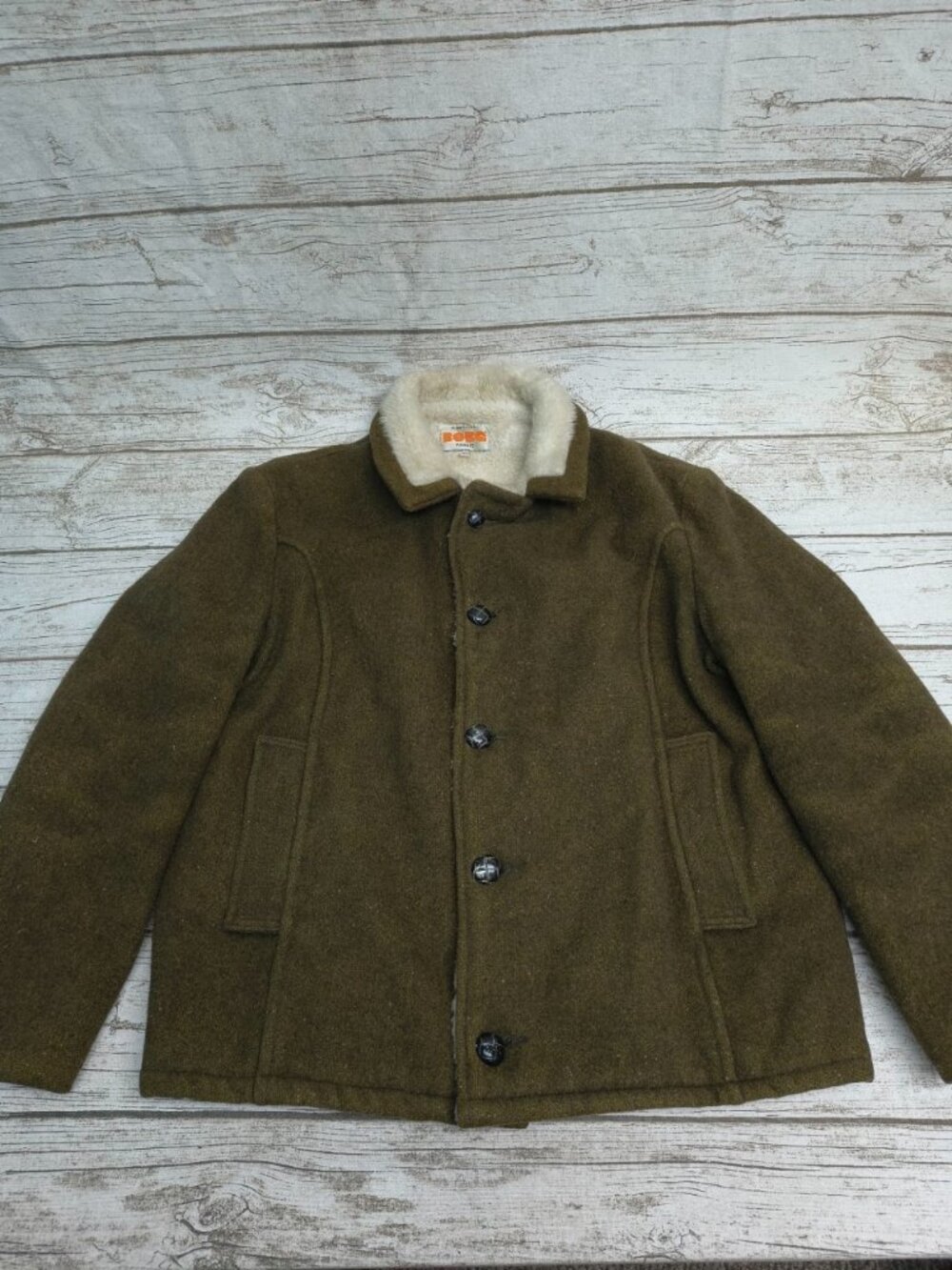 A Genuine Borg Fabric Olive Brown Coat Shearling Style Collar Bomber Jacket